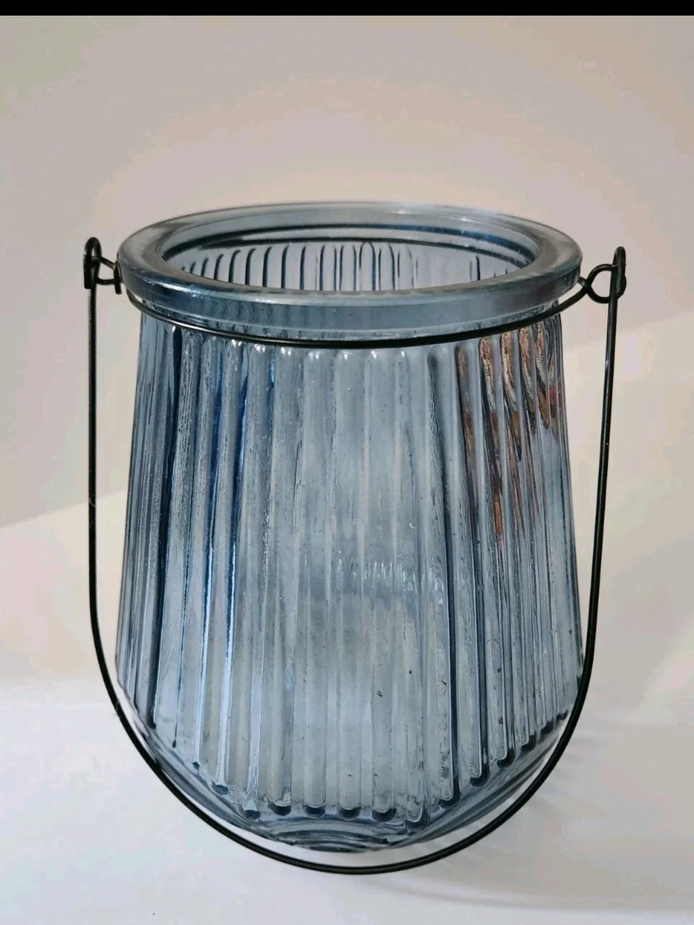 6 Inch Tall Blue Ribbed Glass Candle Lantern with Black Wire Handle